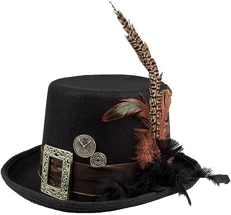 Boland 54501 - Hut Plumepunk mit Zahnrädern, Schwarz, Steampunk, Zylinder, Kopfbedeckung, Accessoire, Kostüm, Mottoparty, Karneval, Halloween