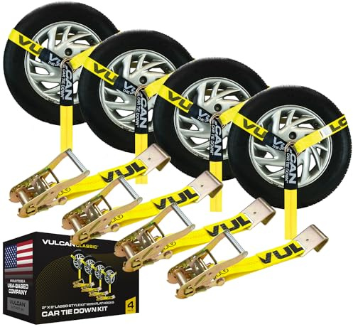 VULCAN Car Tie Down with Flat Hooks - Lasso Style - 2 Inch x 96 Inch - 4 Pack - Classic Yellow - 3,300 Pound Safe Working Load