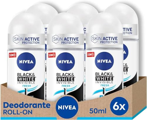 NIVEA Black & White Invisible Fresh Roll-on en pack de 6 (6 x 50 ml), desodorante roll on antitranspirante, desodorante sin alcohol con fragancia refrescante