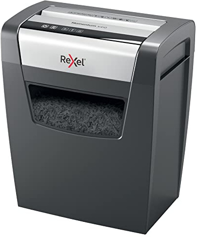 Rexel 2104571EU Momentum X410 - Destructeur de Documents Coupe Croisée Sécurité P4, Capacité 11-10 Feuilles (70-80 g/m²), Corbeille 23 litres Amovible