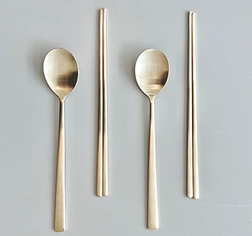 cozymomdeco Korean Made Traditional Utensil Flatware Simple Design Gold Color Chopsticks Spoon 2Set 18-10 Stainless Steel