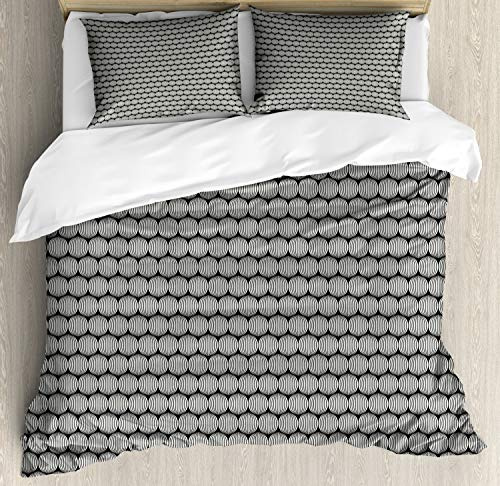 Ambesonne Abstract Duvet Cover Set, Ogee Pattern Circular Motifs Calm Tones Duo-Tone Illustration, Decorative 3 Piece Bedding Set with 2 Pillow Shams, Queen Size, Olive Green Off White