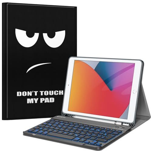FINTIE Hülle mit Tastatur für iPad 9./8./7. Generation (10.2 Zoll) | 7 Farben Beleuchtete, Magnetisch abnehmbare, deutsche Bluetooth-Tastatur, Schutzhülle mit Stifthalter, Don’t Touch