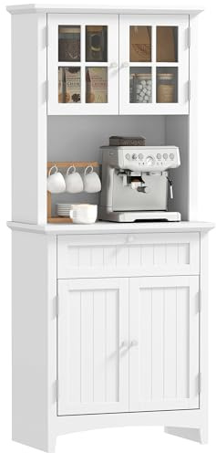 HOMCOM Elegant Buffet with Hutch, Kitchen Pantry Storage Cabinet with Framed Glass Door Drawer and Microwave Space for Dining Room, Living Room, White