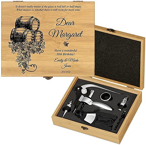 Maverton Wine Opener Accessories, Engraved Wine Set for Women, Barrel | Wine Opening kit, Gift for her in Wooden Box, Personalised Gift for a Wine Lover, Bamboo Trunk