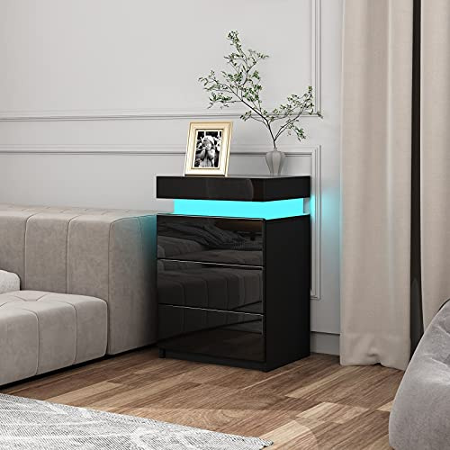 Senvoziii Moderner Nachttisch mit LED Beleuchtung Nachtschrank Hochglanz Nachtkommode mit 3 Schubladen & Flip Cover für Wohnzimmer Schlafzimmer Schwarz