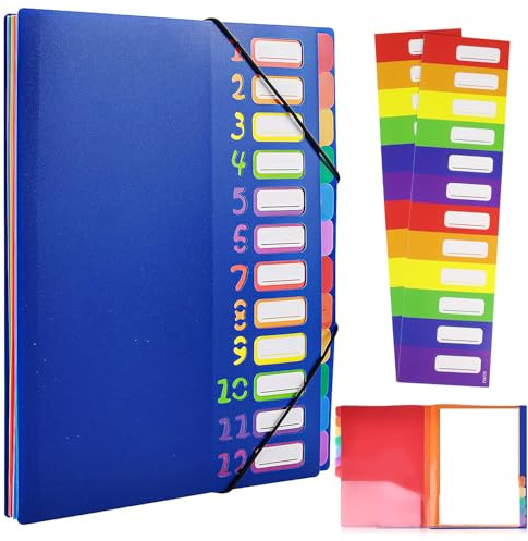 VIQWYIC Carpeta clasificadora A4 con 12 compartimentos – Portadocumentos impermeable de polipropileno con goma elástica & etiquetas coloridas – Organizador portátil para escuela/oficina-Azul