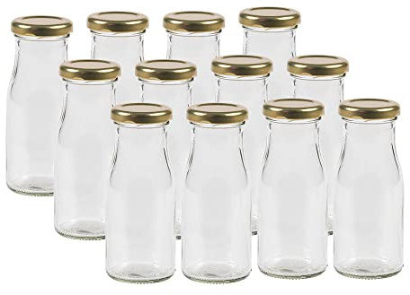 Vitrea 12 leere Glasflaschen Flaschen 150ml EPI mit Schraub-Deckel Gold zum selbst befüllen von Milchflaschen, Saftflaschen, Smoothie Flaschen TO43 0,15l