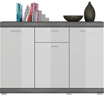 xonox.home - Kommode Scout 120x85x37 cm in Front weiß Hochglanz Korpus rauchsilber Nb - Sideboard Wohnzimmer Highboard Anrichte - modern, geräumig und funktional