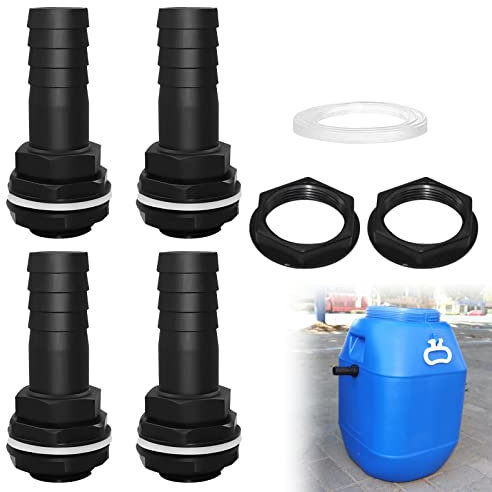 Delamiya 4 Stück Tankdurchführung 1 Zoll, Regentonnendurchführung Kunststoff mit Schlauchtülle 25mm Schlauchanschluß, Tankdurchführung mit Tülle und Dichtung für Regentonne, Wassertanks, Zisternen