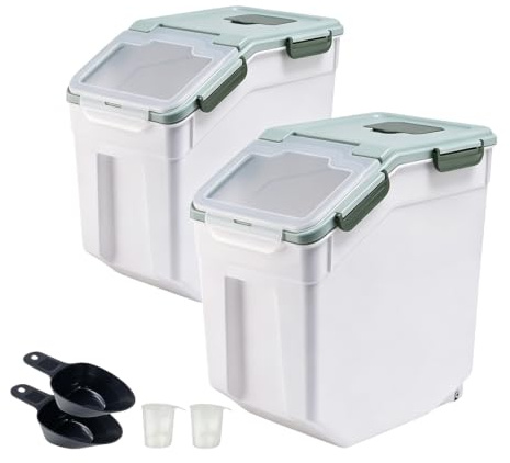 ANMOO Aufbewahrungsbehälter für Haustierfutter, 2 Stück, 15 kg, luftdicht, für Hundefutter, BPA-frei, Katzenfutterbehälter mit Schaufel für Trockenfutter (grün)