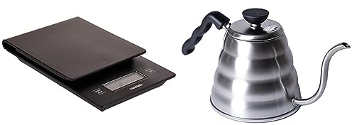 Hario VST-2000B 1-Piece Coffee Drip Scale/Timer & VKB-120HSV V60 Buono Drip Large Stovetop Stainless-Steel Gooseneck Pour-Over Kettle, 1.2 Litre, Aluminium, Stainless Steel