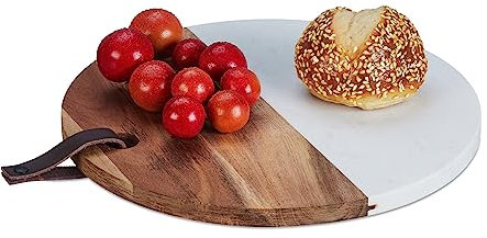 Relaxdays Tagliere in Legno e Marmo, ASSE da Cucina, Rotondo HxD: 1,5x25 cm, Salumi e Formaggi, Marrone Naturale Bianco