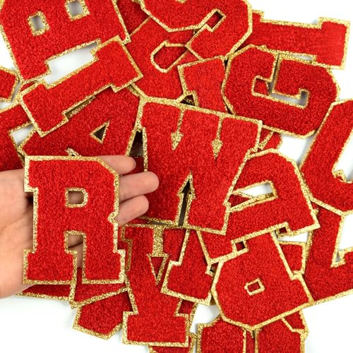 Morcheiong Chenille-Aufnäher A-Z, Selbstklebend, Buchstaben zum Aufbügeln für Kleidung, Varsity-Stil für Stoff, Rot, 26 Stück