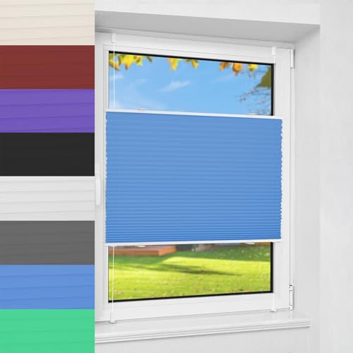 Faltrollo Ohne Bohren 105 x 130 cm Blickdicht Sichtschutz Sonnenschutz Plissee Klemmfix Rollo leicht zu montieren mit Klemmträger für Fenster & Tür, Blau