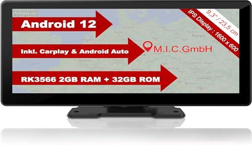 M.I.C. Smart Screen Android 12 Tragbares Autoradio mit RK3566 2G+32G: 9.3 HD Touchscreen Wireless Apple Carplay und Android Auto GPS TF USB Rückfahrkamera Anschluss WLAN Tonausgabe via BT AUX FM