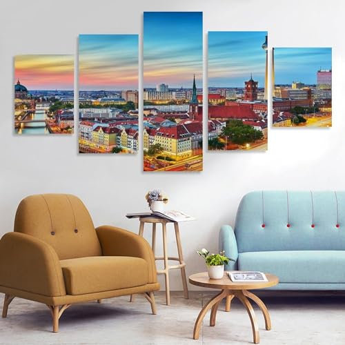 LBLmoney 5 Stück Wandleinwand Berlin Skyline Leinwanddrucke Bild Kunstwerk Gemälde Wandbilder für Wohnzimmer Hotel Büro Heimdekoration Poster 60 B x 32 H