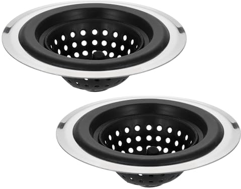 sourcing map Silicone Sink Strainer, 2Pcs Kitchen Sink Drain Strainer Stopper with Detachable Stainless Steel Edge 4.4 Diameter Rim, Black