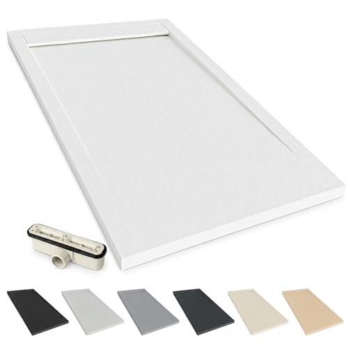 NEBADOON Plato de Ducha Resina Venecia Antideslizante 70x90 Blanco | Antibacteriano, textura pizarra cálida al tacto, válvula 60 l/min incluida, corte a medida, fabricado en España