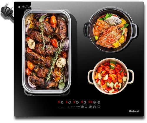 Karienvir Induction Hob Plug in, Electric Hob 60cm, 4 Zone Induction Cooktop 2800W, Extended Zone Induction Hob with Keep Warm, Safety Lock, Pause, 99Mins Timer, Boost