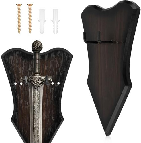 Gosknor Ensemble Support Mural pour Épée, Support d'Épée Réglable Bois Épais Support Mural avec Clous et Boucles pour Fournitures d'Affichage Vertical Dague Médiévale l'Arc Hache(Marron, Petit)