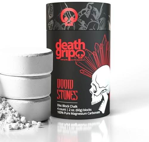 Death Grip Doom Stone Chalk Discs – 4 x 60g Gym Chalk Blocks – 100% Pure Magnesium Carbonate for Rock Climbing, Bouldering, Weightlifting, Gymnastics & Training