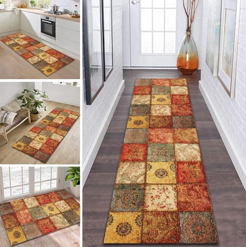 ZDYHMrj Läufer Teppich Lang Flur rutschfest Waschbar Küche Korridor Teppichläufer Vintage Boho 60X250CM Lange Teppichmatten Küchenläufer Wohnzimmer Kinderzimmer Anpassbare Küchenteppich Meterware