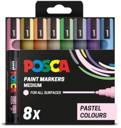 POSCA PC-5M Medium Tip Acrylic Paint Marker Pens, Pastel Colours (8-Pack) | 1.8–2.5 mm Medium Tip, for All Surfaces, Water-Based, Non-Toxic, Biodegradable Packaging