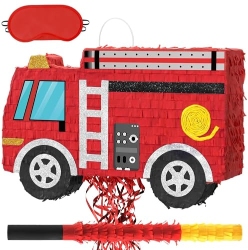 WERNNSAI Feuerwehrauto Pinata – Feuerwehr Pinata Geburtstag Deko Junge Kinder Rot Auto Piñata mit Stock Augenbinde Quaste Kordelzug Feuerwehr Auto Geburtstagsparty Dekoration Karrieretag Spiele