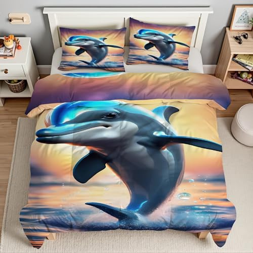 Piumino Singolo Delfini Trapunte Tramonto Piumone Imbottito Resistente Lavabile, Super Morbida Trapunta, piumini 160x245 cm in Microfibra Reversibile e 2 Federa 50x80 cmT351