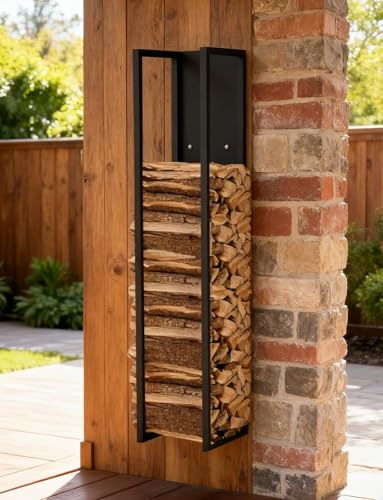 Portalegna in metallo for uso interno ed esterno, supporto decorativo for legna da ardere nero con ripiano sospeso for camino, altezza 140 cm