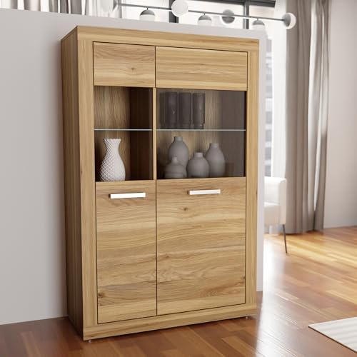 Forte BACCIO Vitrine 100, Moderne Wohnzimmervitrine, 2-türig, Glasfront, Holzwerkstoff, Mauvella Eiche Holzdekor, 93 cm breit x 145,9 cm hoch x 41 cm tief