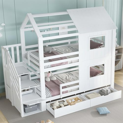 Etagenbett 90x200cm,Holzbett Kinderbett mit Treppenschrank, Aufbewahrungsschublade mit Rollen, Schöne Fenster und Dach, mit Stabile Lattenroste, Kiefer + MDF+Sperrholz, Weiß,