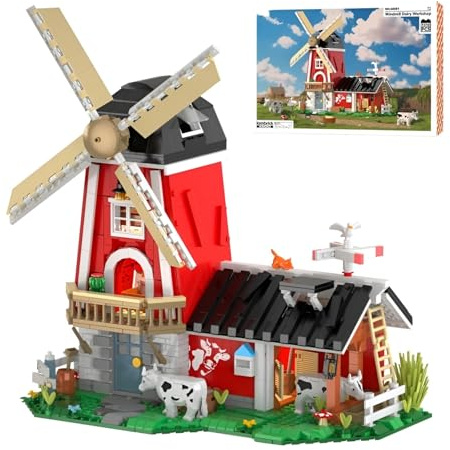 Farm Architecture Building Set, Street View Windmill Workshop House Building Blocks with Cows, Modular Manor Construction Bricks Model Toys, Decor, Birthday Gifts for Adults and Teens, 1310 PCS