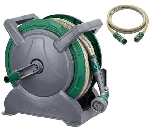 Garden Hose Reel 30M |28.5m Water Pipe + 1.5m Leader Hose |Wall Mounted or Floor Standing with Hose Pipe | 7 Adjustable Spray Gun |Includes Hosepipe, Fittings, Nozzle for Lawn, Patio & Car Cleaning