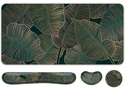 Doodlream 4-in-1 Desk Pad, Tropical Leaf Theme, Desk Mat with Mouse Keyboard Wrist Support and Coaster, Ergonomic Design for Home Office Laptop Computer Desk Accessories