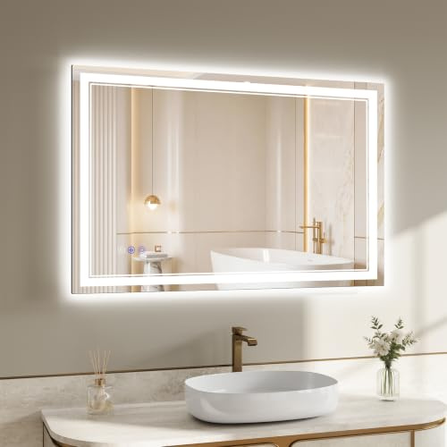 XRAMFY Badspiegel mit Beleuchtung LED 90×60CM, 3 Farbtemperaturen & stufenloses Dimmen, Anti-Beschlag, Spiegel mit Beleuchtung, IP65 geprüft, badezimmerspiegel für Bad, Schlafzimmer & Salon
