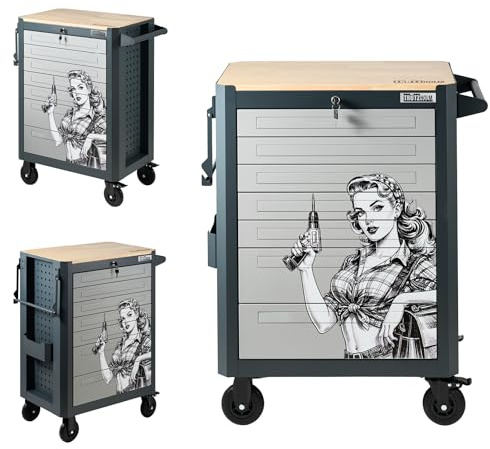 TRUTZHOLM Werkstattwagen 99x82 cm Werkzeugwagen leer mit 7 Schubladen Holzarbeitsplatte rollbar Werkzeugschrank mit Rollen Papierrollenhalter Steckfach Verschiedene Motive (Motiv Retro-Design)