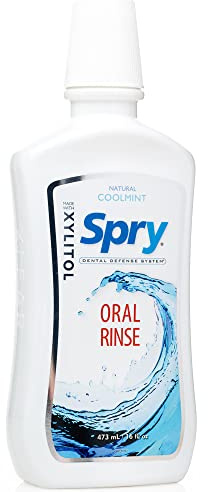 Spry Natural Xylitol Mouthwash Fluoride Free with Enamel Support, Gentle Alcohol Oral Rinse, Non-GMO, Coolmint - 16 fl oz (Pack of 2)