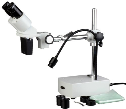 AmScope SE400-Z Kompaktes Stereo-Boom-Arm-Mikroskop mit Fester Linse und Schwanenhals-LED-Licht, 10X-20X, Weiß
