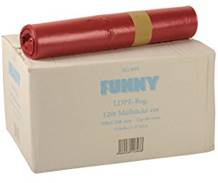 Funny - Bolsas de basura de polietileno de baja densidad (PEBD, 120 l de capacidad, tipo 60 extra, 1 rollo de 250 unidades), color rojo