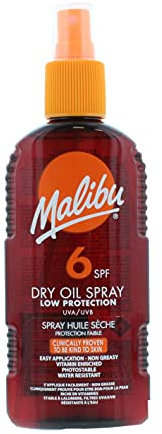 Malibu Sun SPF 6 Spray de aceite seco no grasoso para bronceado, baja protección, resistente al agua, 200 ml