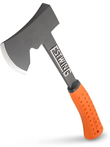 ESTWING Camper's Axe - 14 USA Made Black Hatchet with Tent Stake Puller & Hi-Vis Orange Shock Reduction Grip - EO-25A