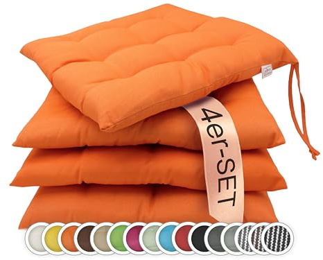 ZOLLNER 4er Set Sitzkissen in 40x40cm - gemütliche Stuhlkissen mit Bindebänder - waschbar bis 30°C - in orange - Oeko Tex® Zertifiziert