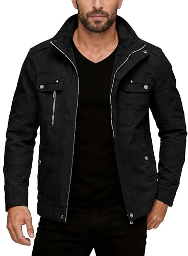 wantdo Men's Cotton Lightweight Jacket Military Jacket Casual Field Coat Windbreaker Black Medium