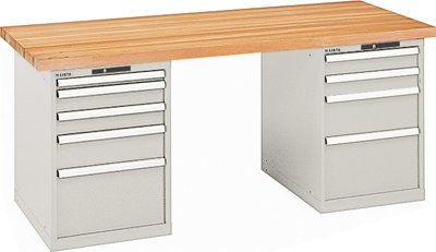LISTA Werkbank, 2 Schubladenblöcke, links 5 Schubladen, rechts 4 Schubladen, Code-Lock, Multiplexpl. 40 mm , BxTxH 2000x750x840 mm, RAL 7035 lichtgrau