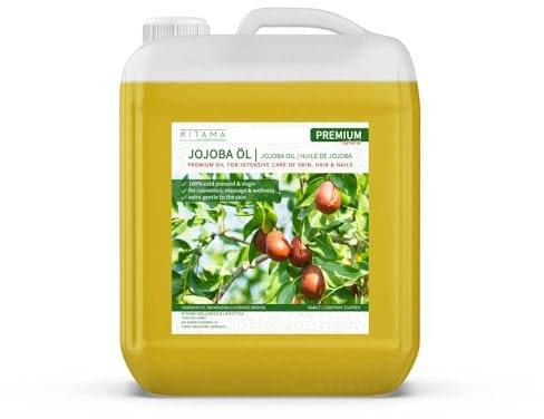 Kitama Jojobaöl kaltgepresst gold 5-Liter 100% rein aus naturbelassenen Jojoba Früchten zur Hautpflege, Basis-Öl Körper-Öl, Haut-Öl Massageöl & als sanftes Baby-Öl, Pflege-Öl für Haut & Haar & Nägel