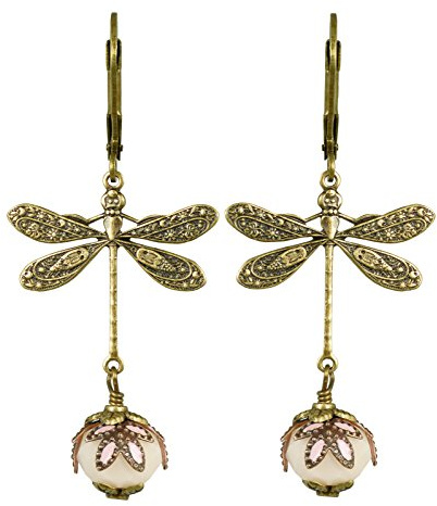 NoMonet Dragonfly Daze earrings, dreamy art deco-inspired fantasy, fanciful, dangle, hand-painted leaves, vintage filigree, artisan-designed jewelry