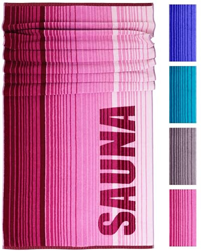 Lashuma Saunatuch Dame groß 85x200 cm, Oslo großes Badehandtuch mit Streifen Rosa bis Weinrot