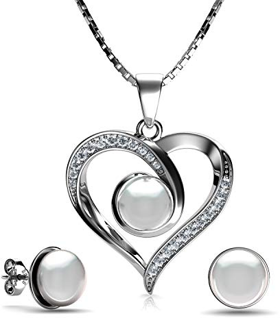 DEPHINI Schmuckset mit Halskette und Herz-Ohrringen, 925er Sterlingsilber